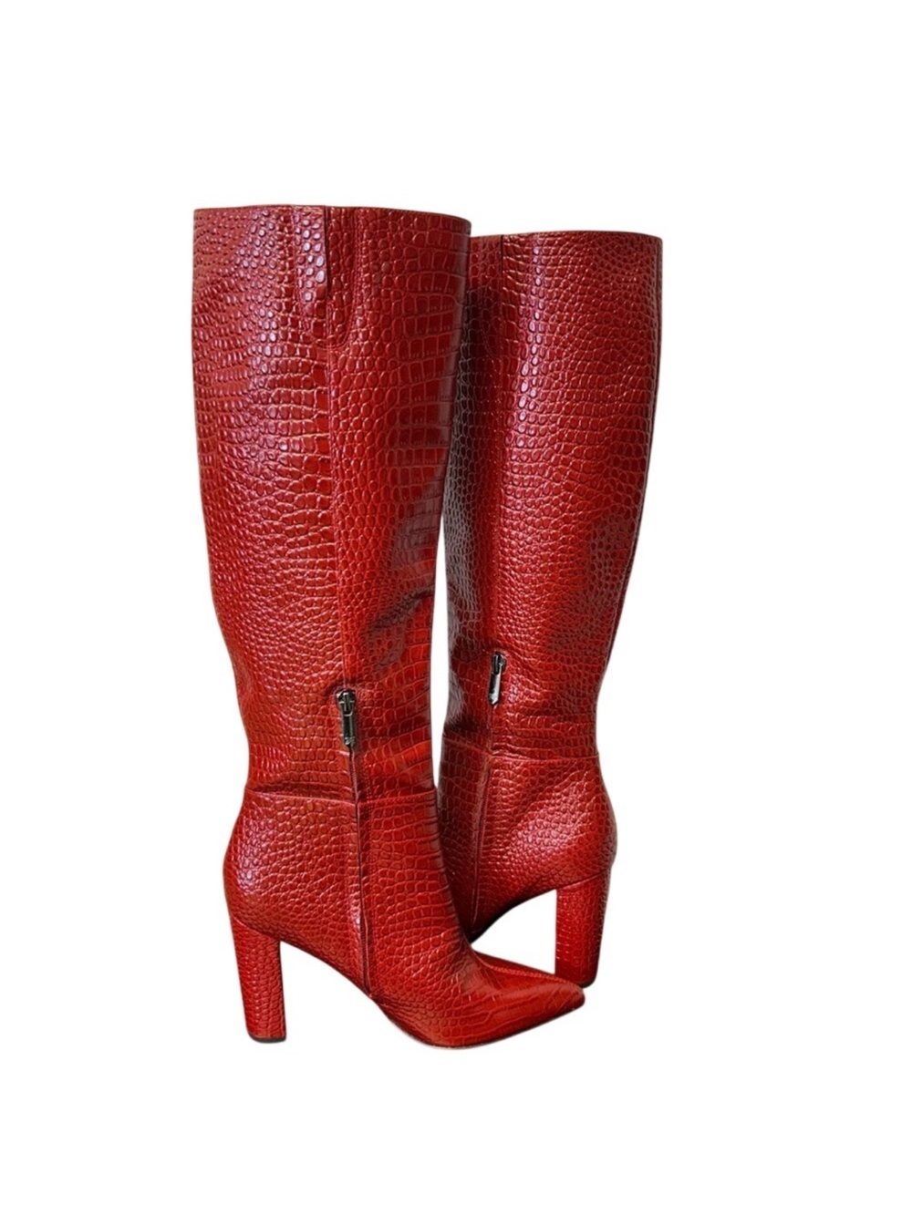 Sam Edelman Red Croc-Embossed Leather Heeled Boots - Picture 7 of 8